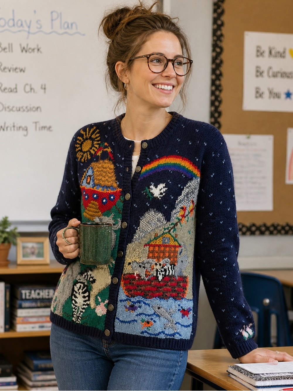VTG Northern Isles Hand Knit Blue Noah's Ark Cardigan Sweater Medium